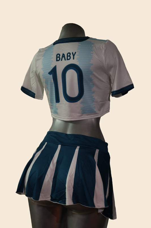 Disfraz de futbolista con top corto y falda plisada, blanco y azul, vista trasera con número - Lunatik