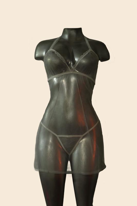 Babydoll de tul semitransparente con diseño delicado, color transparente, vista frontal - Lunatik