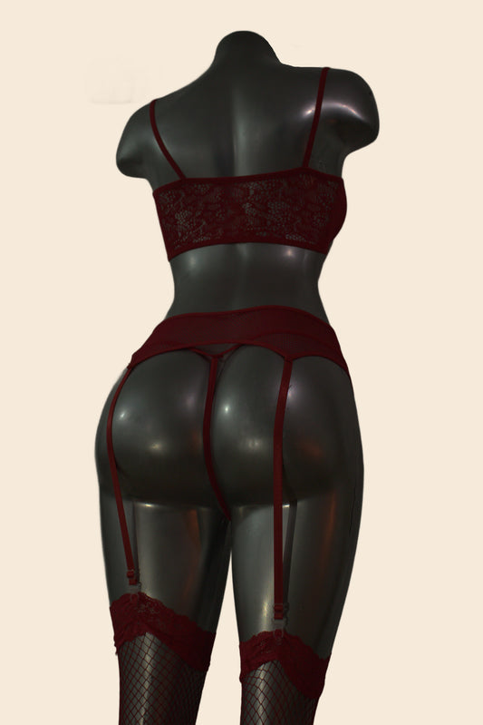 Conjunto de lencería de encaje y malla con liguero, medias y guantes, color rojo, vista trasera - Lunatik