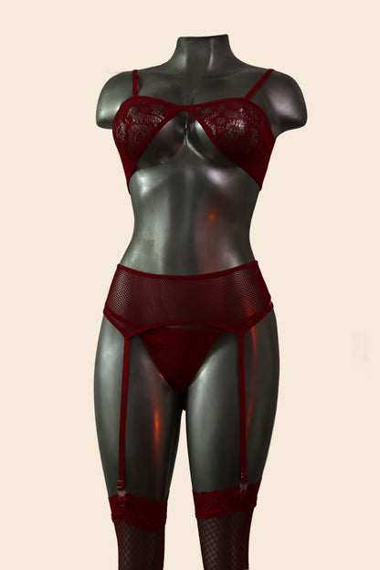 Conjunto de lencería de encaje y malla con liguero, medias y guantes, color rojo, vista frontal - Lunatik