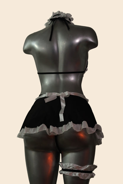 Disfraz de mucama tipo lencería con falda corta, color negro, vista trasera - Lunatik