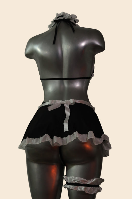 Disfraz de mucama tipo lencería con falda corta, color negro, vista trasera - Lunatik