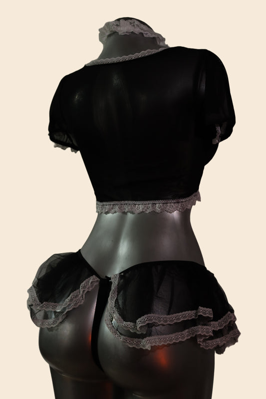 Disfraz de mucama en lencería con encaje, color negro, vista trasera - Lunatik