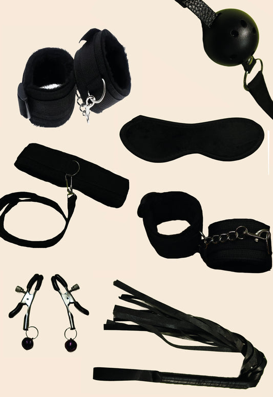 Kit BDSM 7 piezas con esposas de peluche, collar de peluche, antifaz, bola para la boca, látigo y pellizca pezones - Lunatik