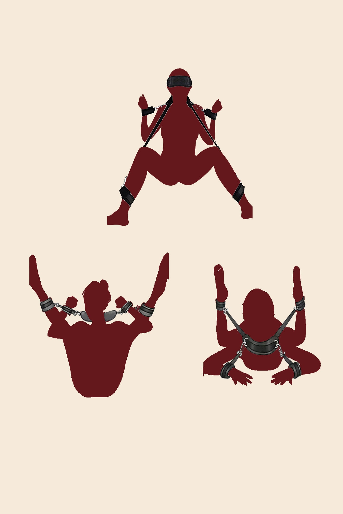 Sistema de restricción 4 puntos BDSM con banda central y esposas acolchadas para muñecas y tobillos - Lunatik