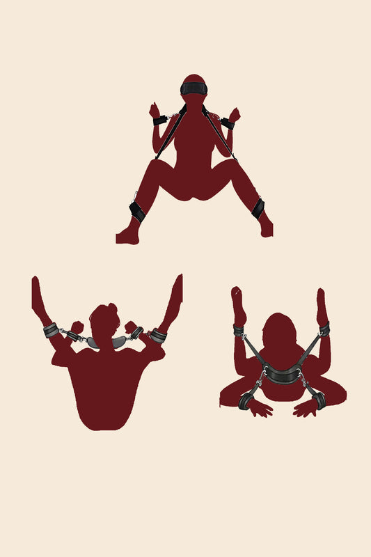 Sistema de restricción 4 puntos BDSM con banda central y esposas acolchadas para muñecas y tobillos - Lunatik